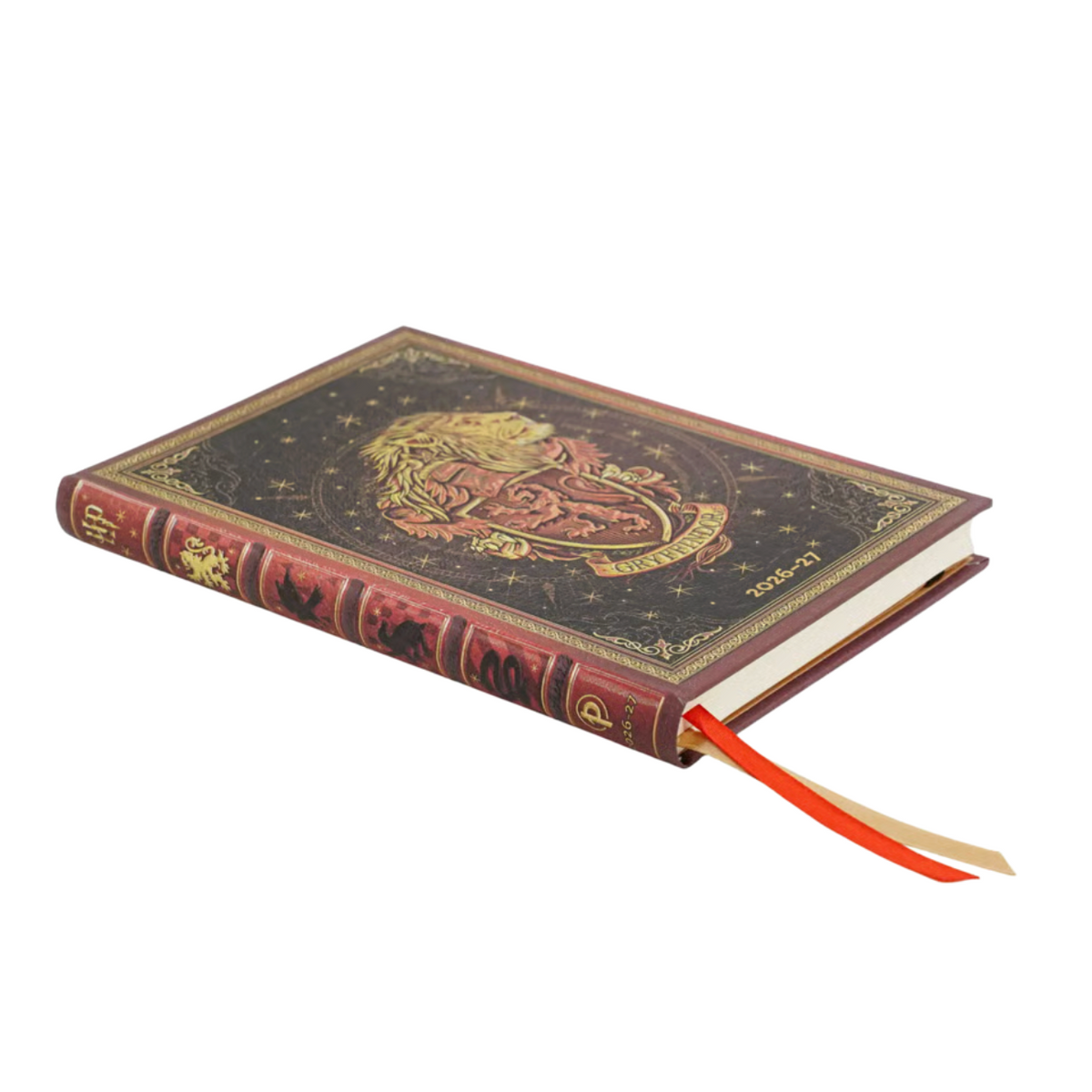 A 2027 planner styled like an antique book, featuring a dark brown and red cover with gold Hogwarts crest detailing and a red-and-white ribbon bookmark, shown on a plain white background.