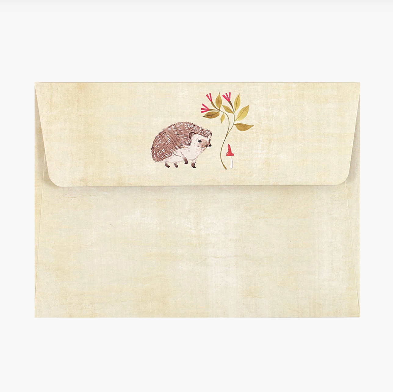Beige envelope with a hedgehog and floral design on a white background