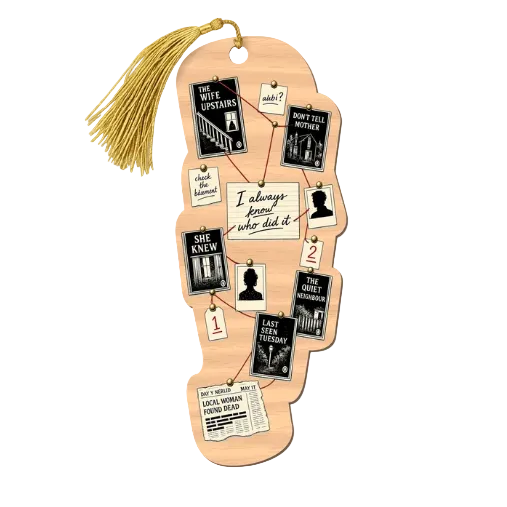 A wooden footprint-shaped bookmark with a gold tassel, decorated with book quotes, book covers, and small black-and-white portrait photos on a pale pink background.