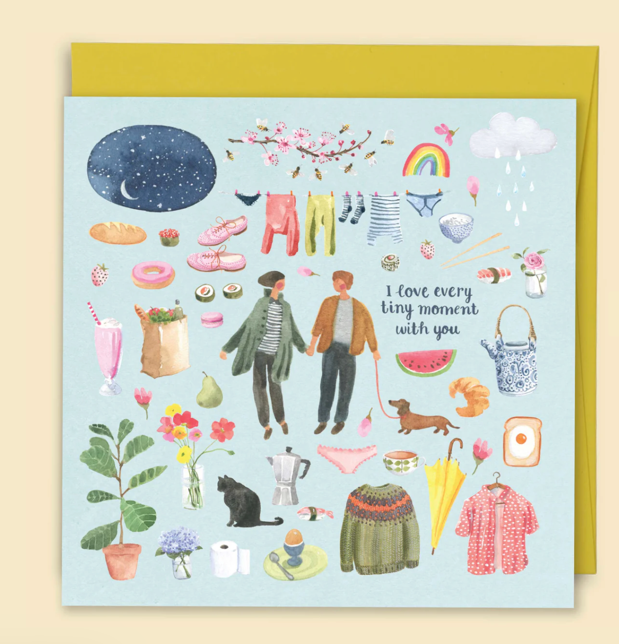 Greeting card with various illustrations and text on a light blue background