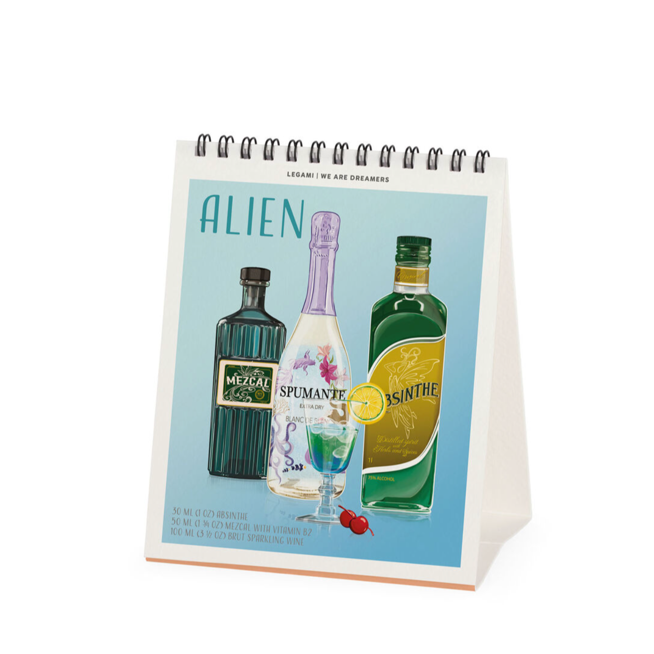 Desk calendar with illustrations of bottles and a glass on a white background