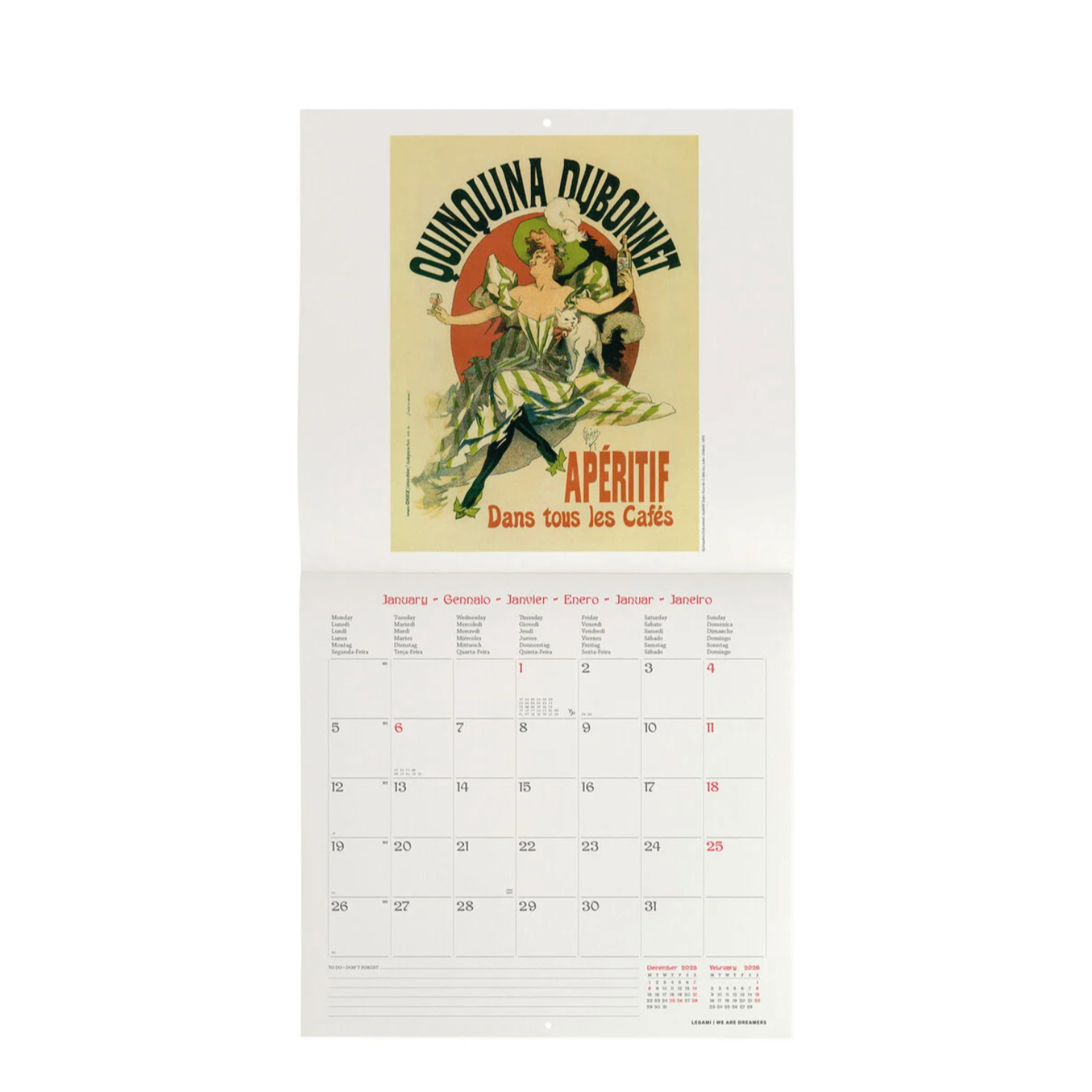 Calendar with vintage-style Quinquina Dubonnet advertisement on a white background