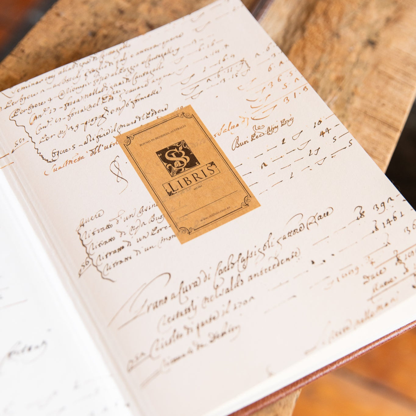 Italian script endpapers inside Leather journal