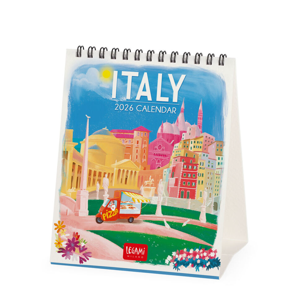 2026 Italy calendar with colorful illustrations on a white background