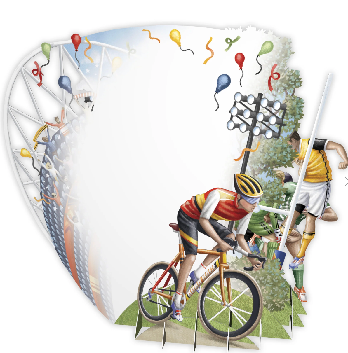 Illustration of a cyclist in a race with balloons and spectators.