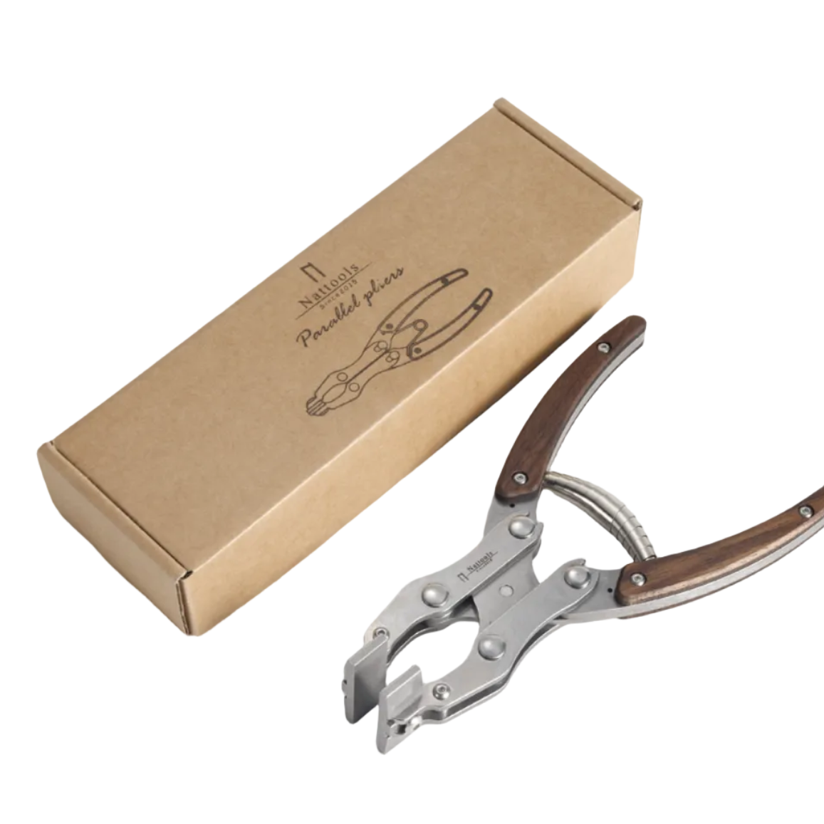 A pair of metal hand tools with brown wooden handles lies next to a brown kraft paper box The image is shot on a clean, white background