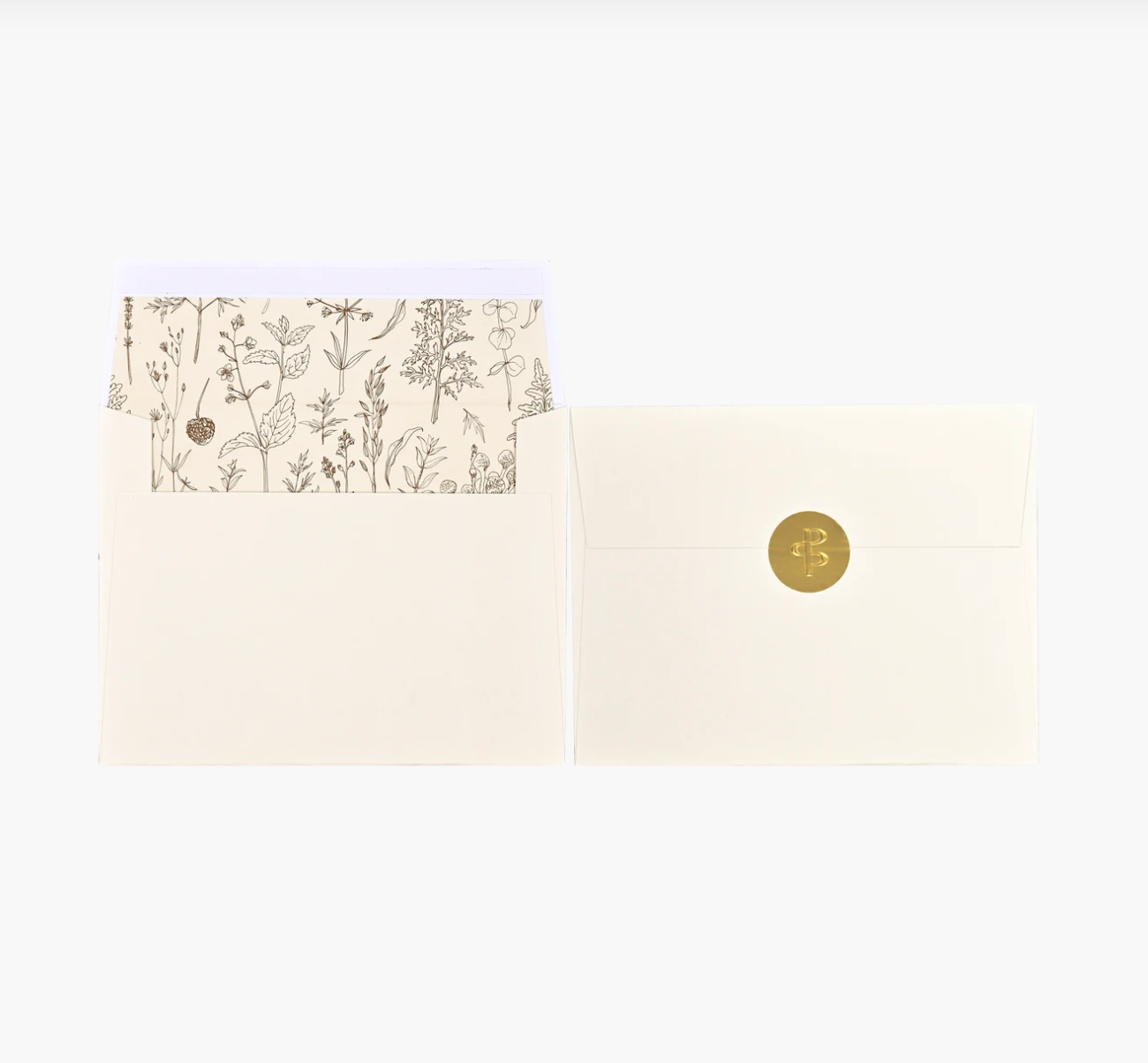 Lined envelope floral design and a gold seal on a white background