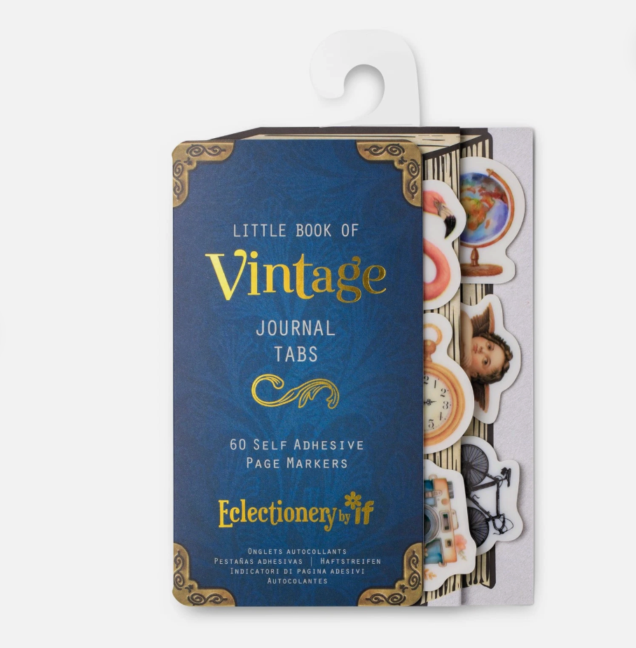 Packaging of 'Little Book of Vintage Journal Tabs' with decorative design on a white background