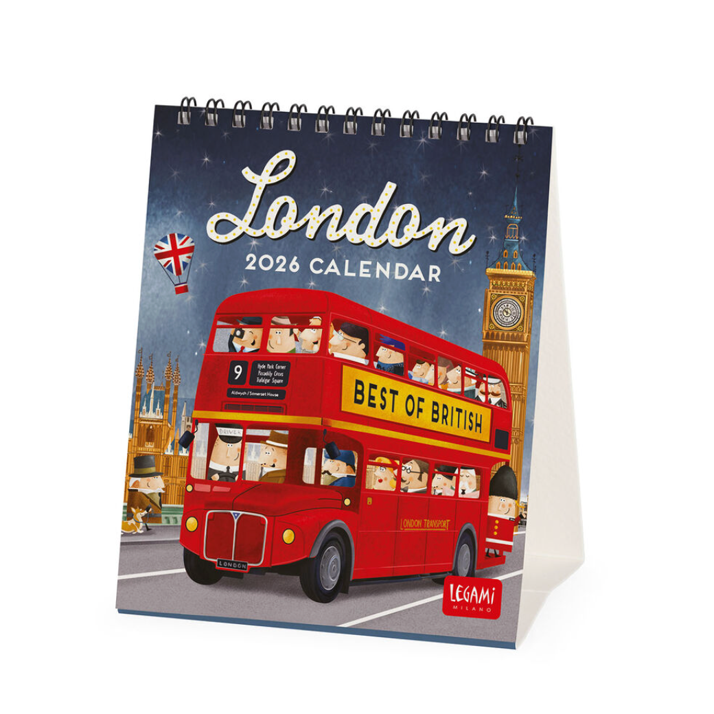 2026 London calendar with a red double-decker bus design on a white background