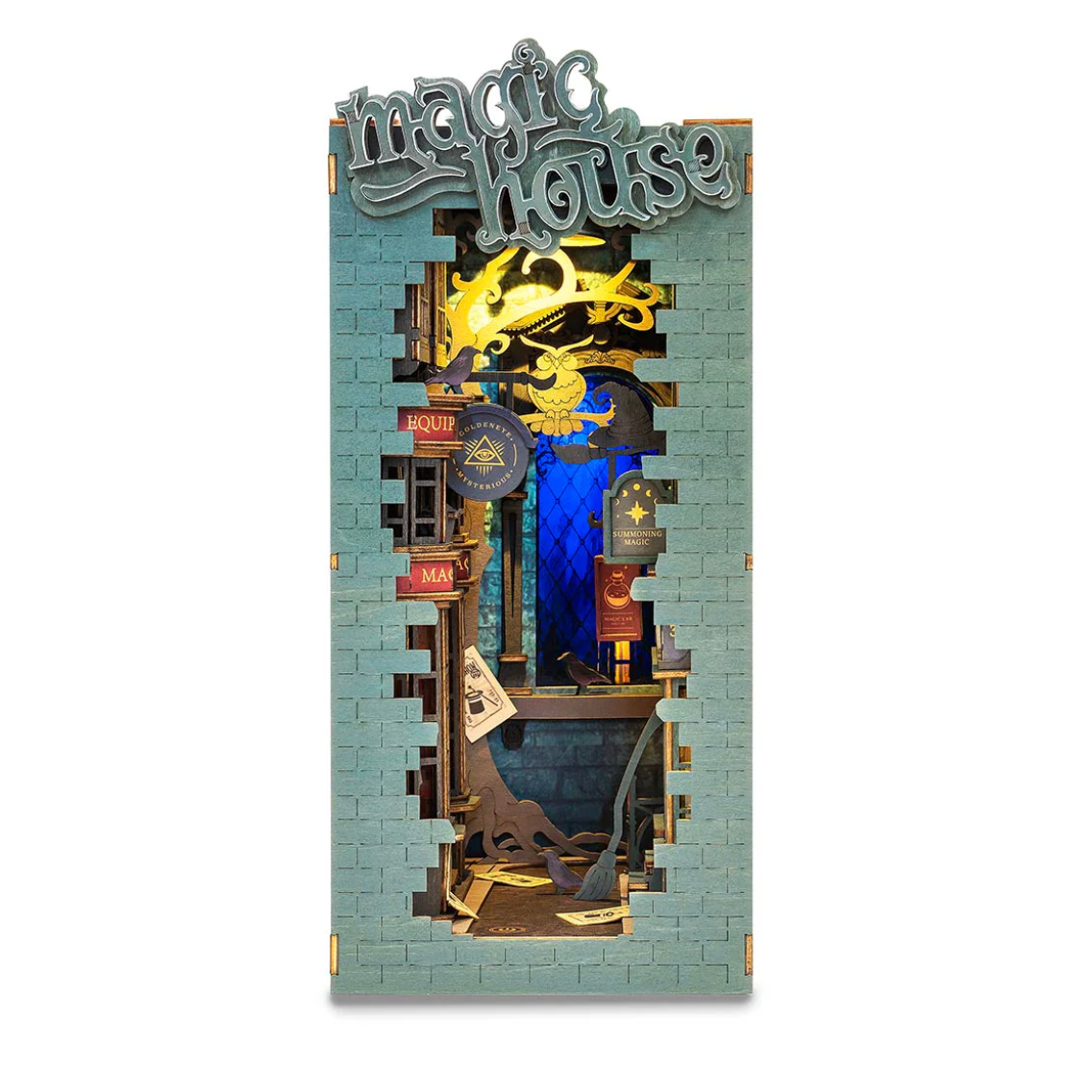 Decorative wall piece with 'magic house' text and various elements on a white background