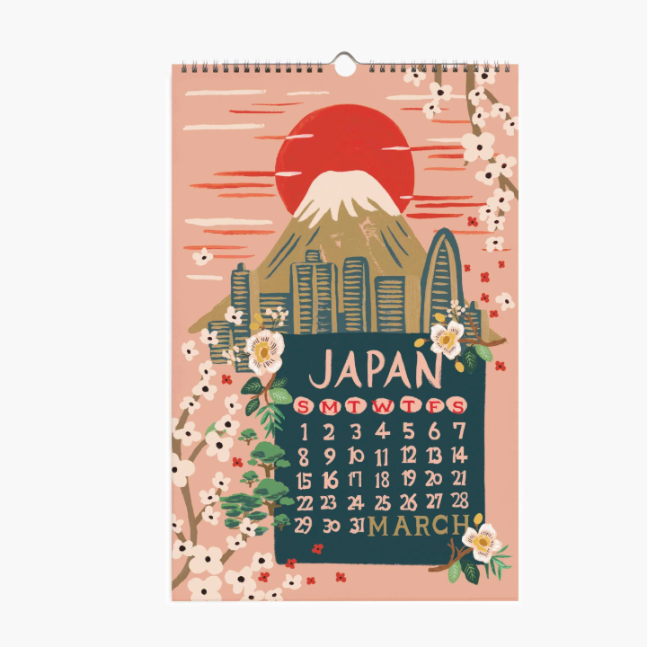Calendar with Mount Fuji and cityscape design on a white background