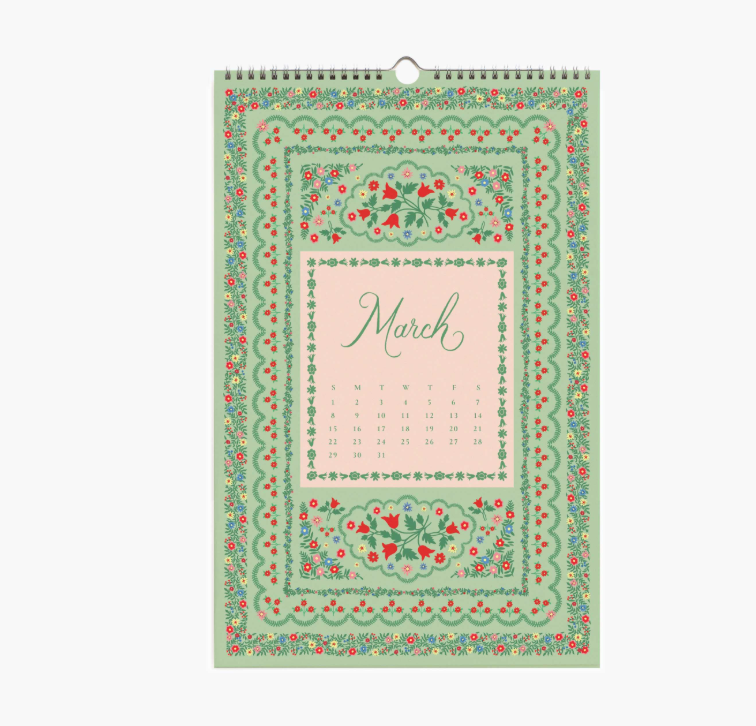 Floral patterned wall calendar with 'March' on a light green background
