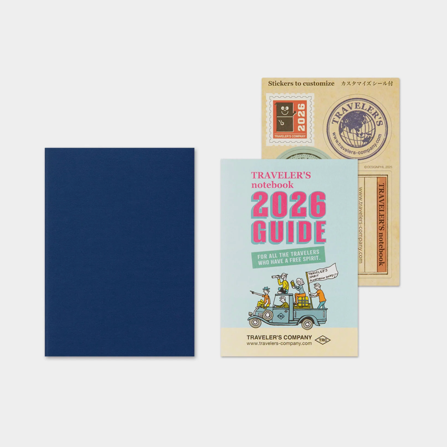 Traveler's notebook 2026 Guide with a blue cover and additional items on a white background