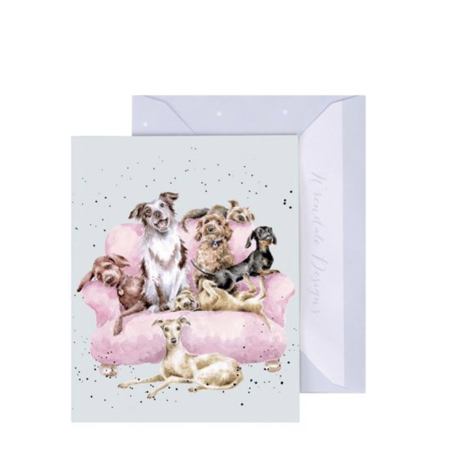 Greeting card with dogs on a pink couch and envelope on a white background