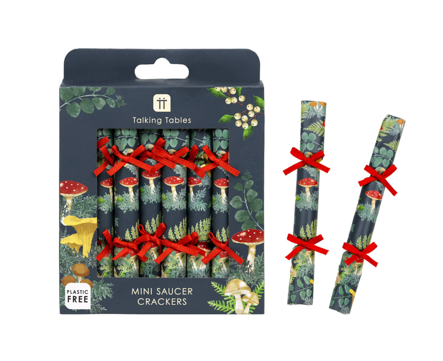 Packaging of Talking Tables mini saucer crackers with mushroom design and red ribbons.