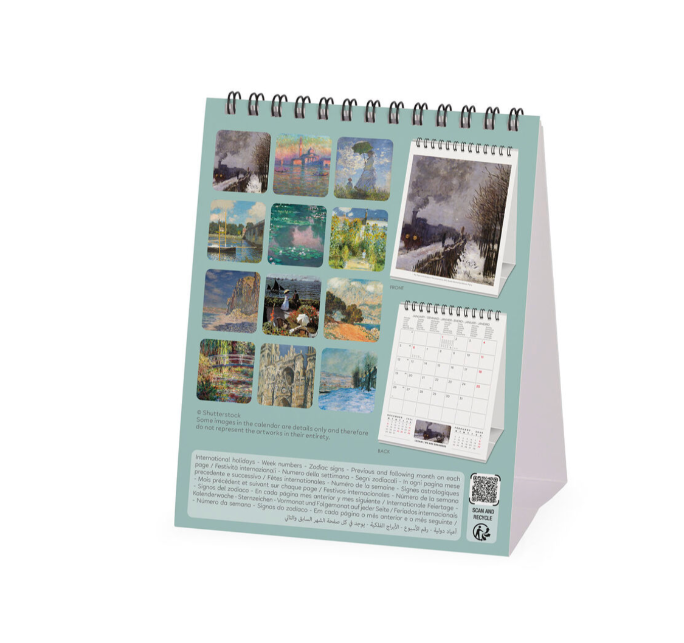 Desk calendar with artistic images on a white background