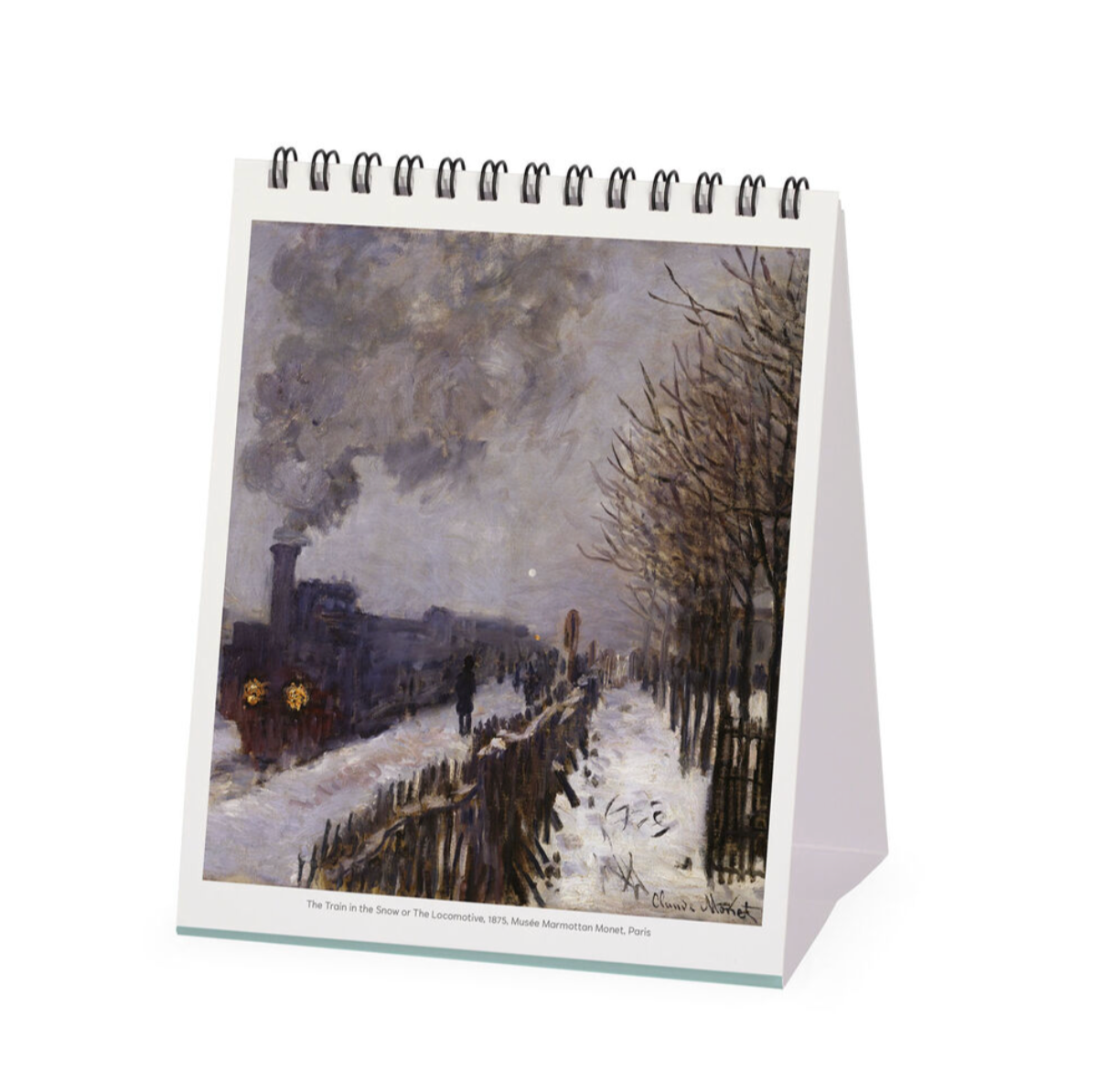 Desk calendar with a Monet winter scene painting on a white background