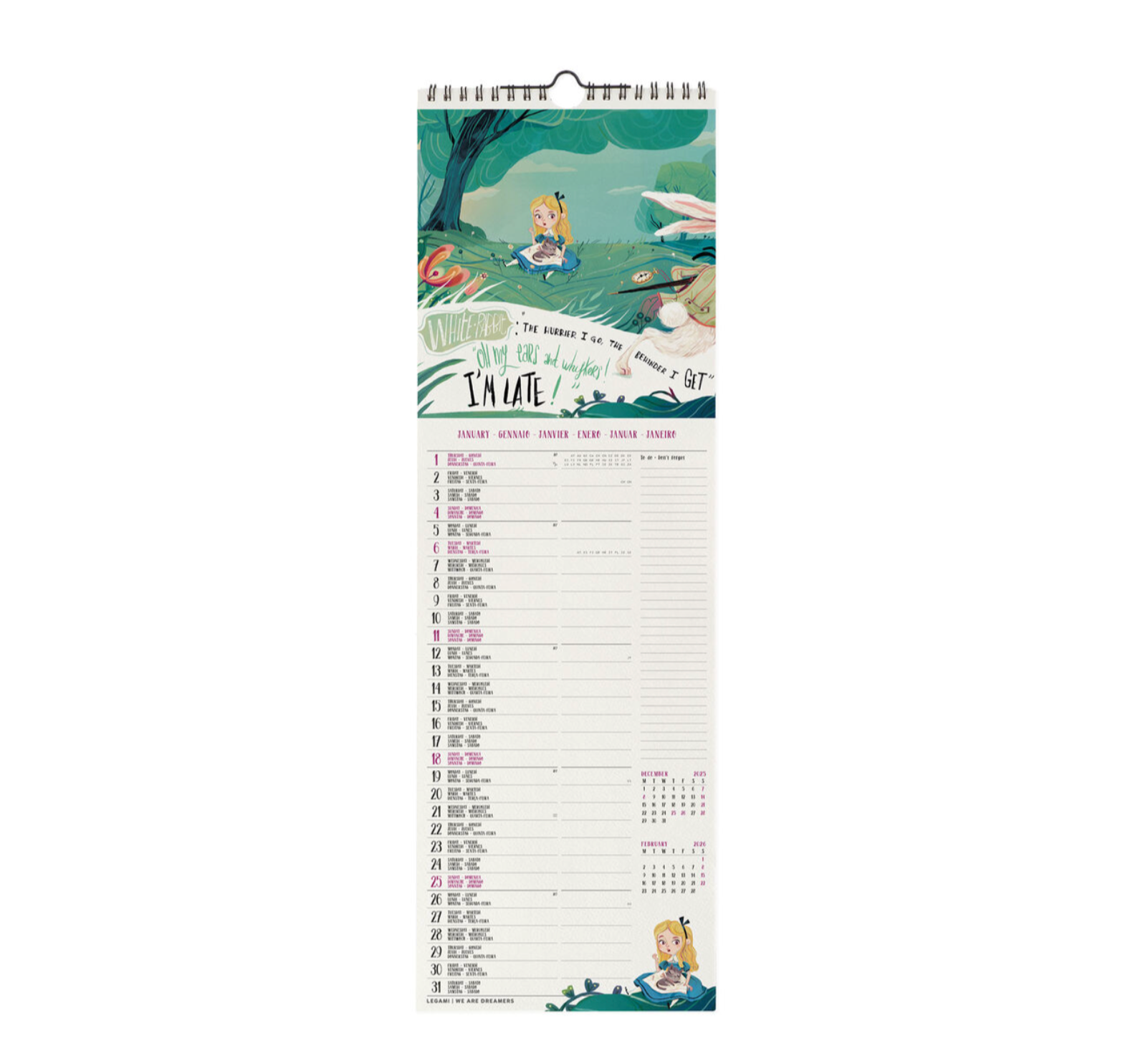 Calendar with Alice in Wonderland design on a white background