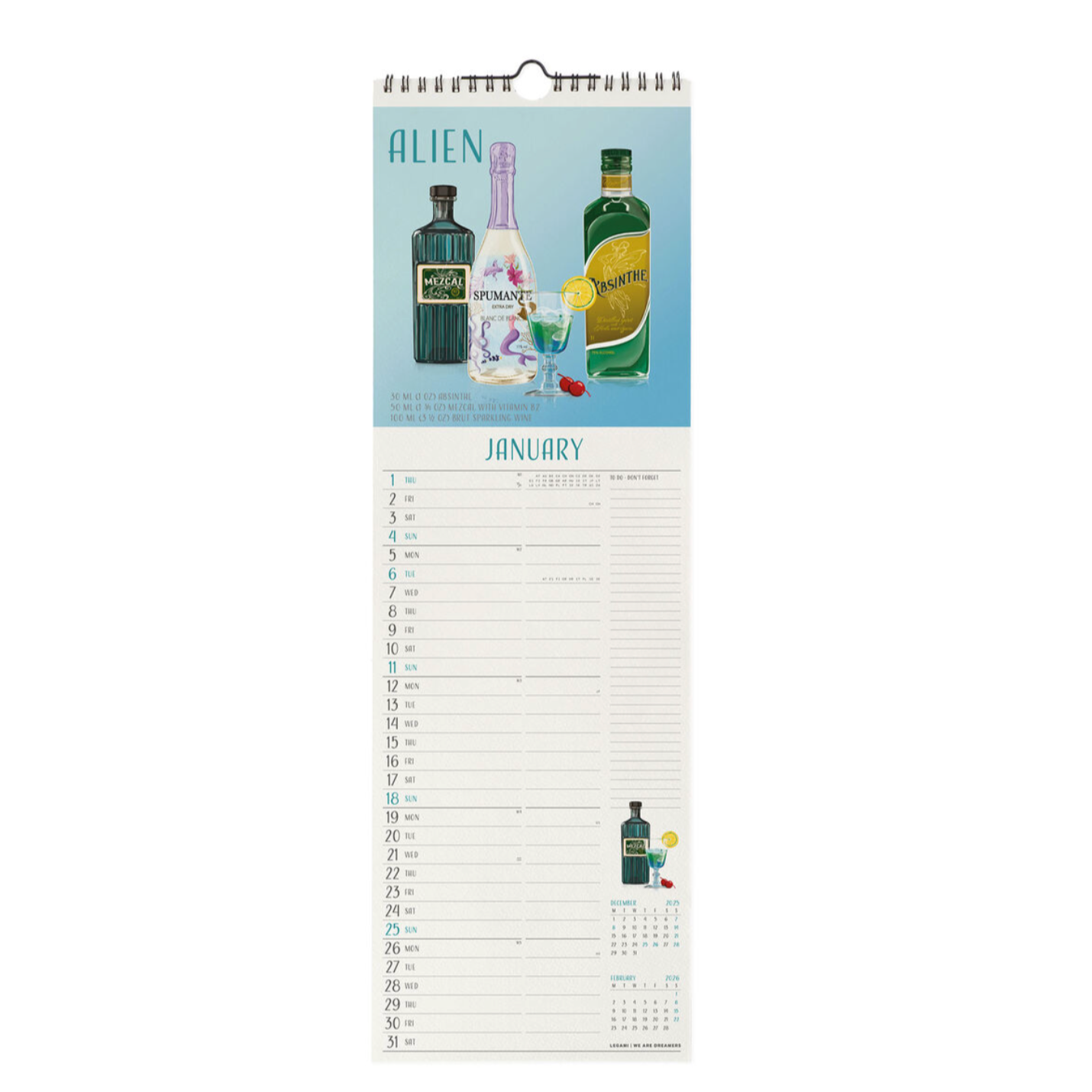 Calendar with illustrations of bottles and a glass on a white background