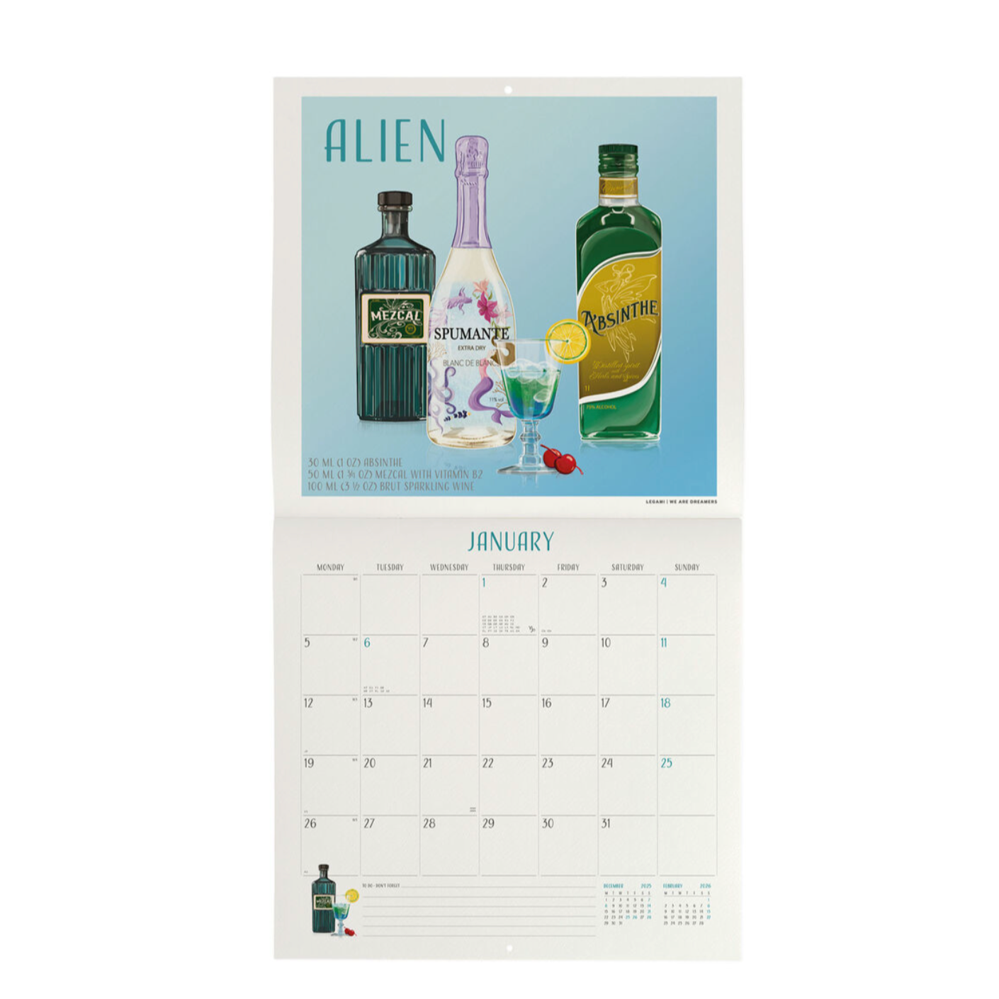 Calendar with a design of three bottles and a glass on a light blue background