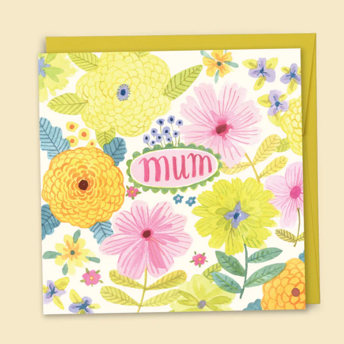 Floral card with 'Mum' text on a beige background