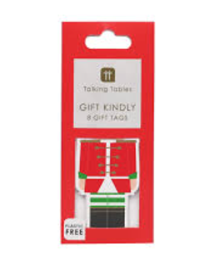 Pack of gift tags with a red and white design on a white background