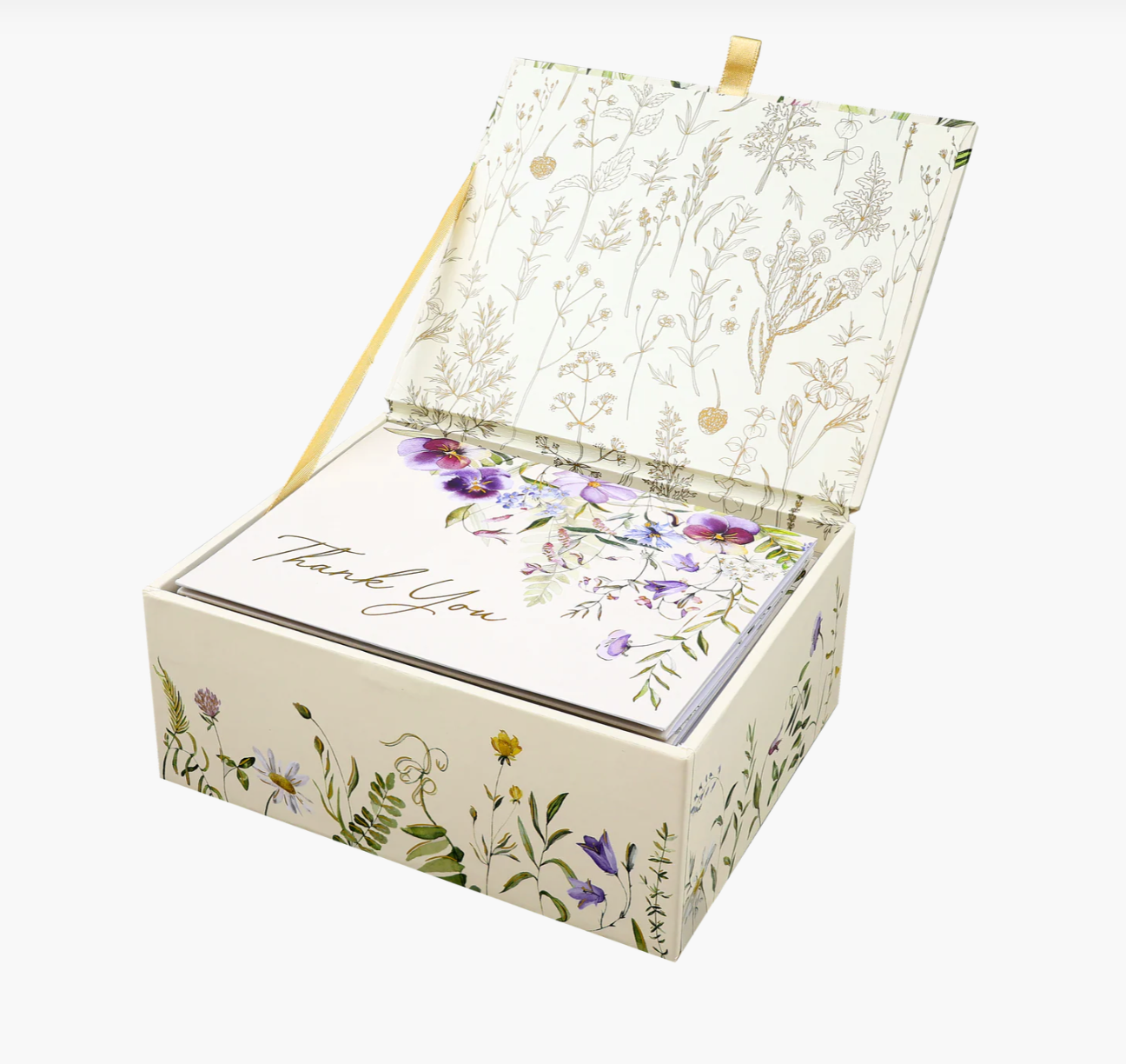 Open decorative box with floral design and 'Thank You' text on a white background