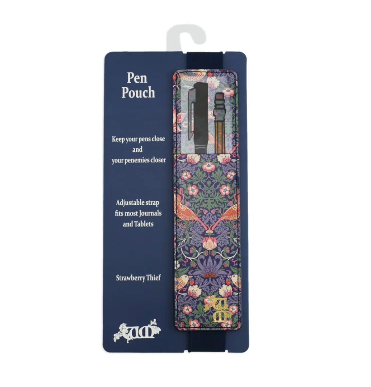 A packaged pen pouch with a floral and bird pattern, containing two pens, on a dark blue retail card with white text. The brand 'ram' is visible at the bottom left.