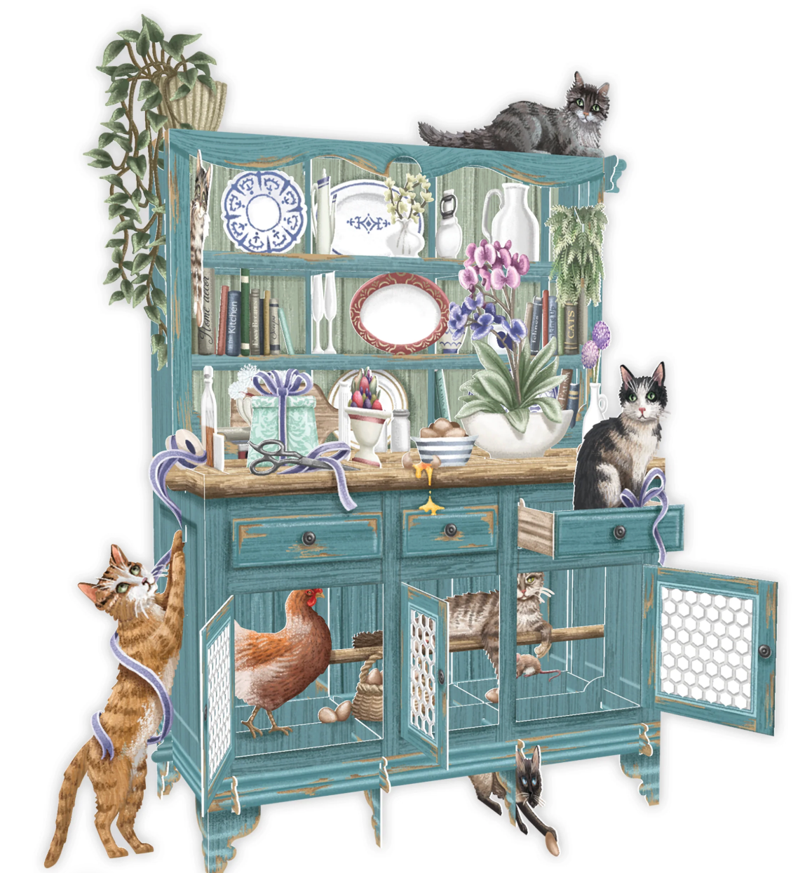 Decorative cabinet with cats and birds on a white background