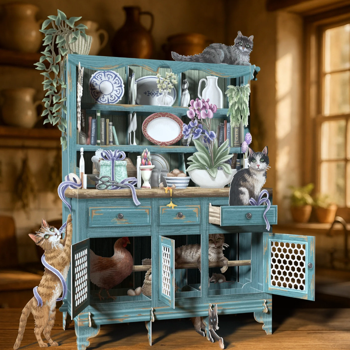 Decorative blue cabinet with various items and cats in a warm-toned room.
