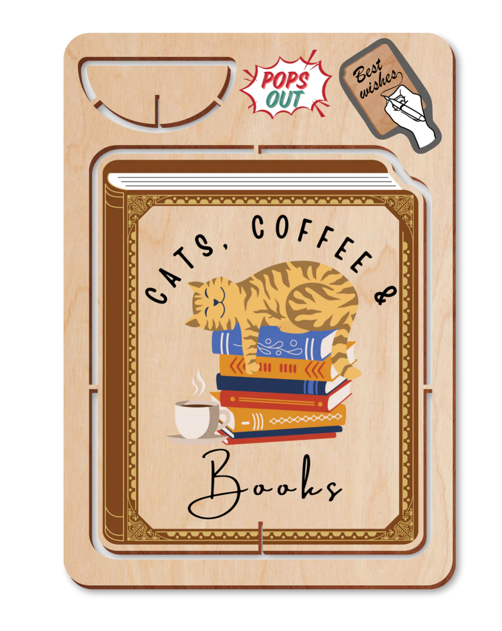 Wooden Pop Up Greeting Card - Cats, Coffee & Books