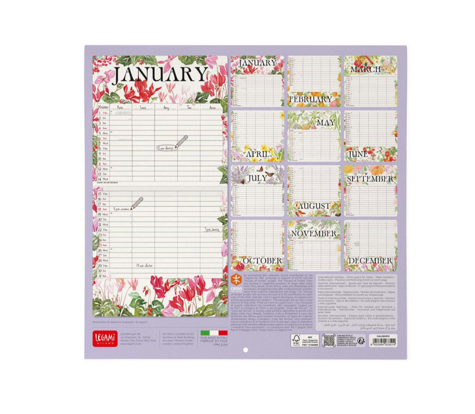 Floral-themed calendar with monthly layout on a white background