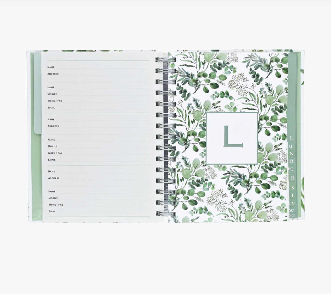 Planner with floral design and letter 'L' on a white background