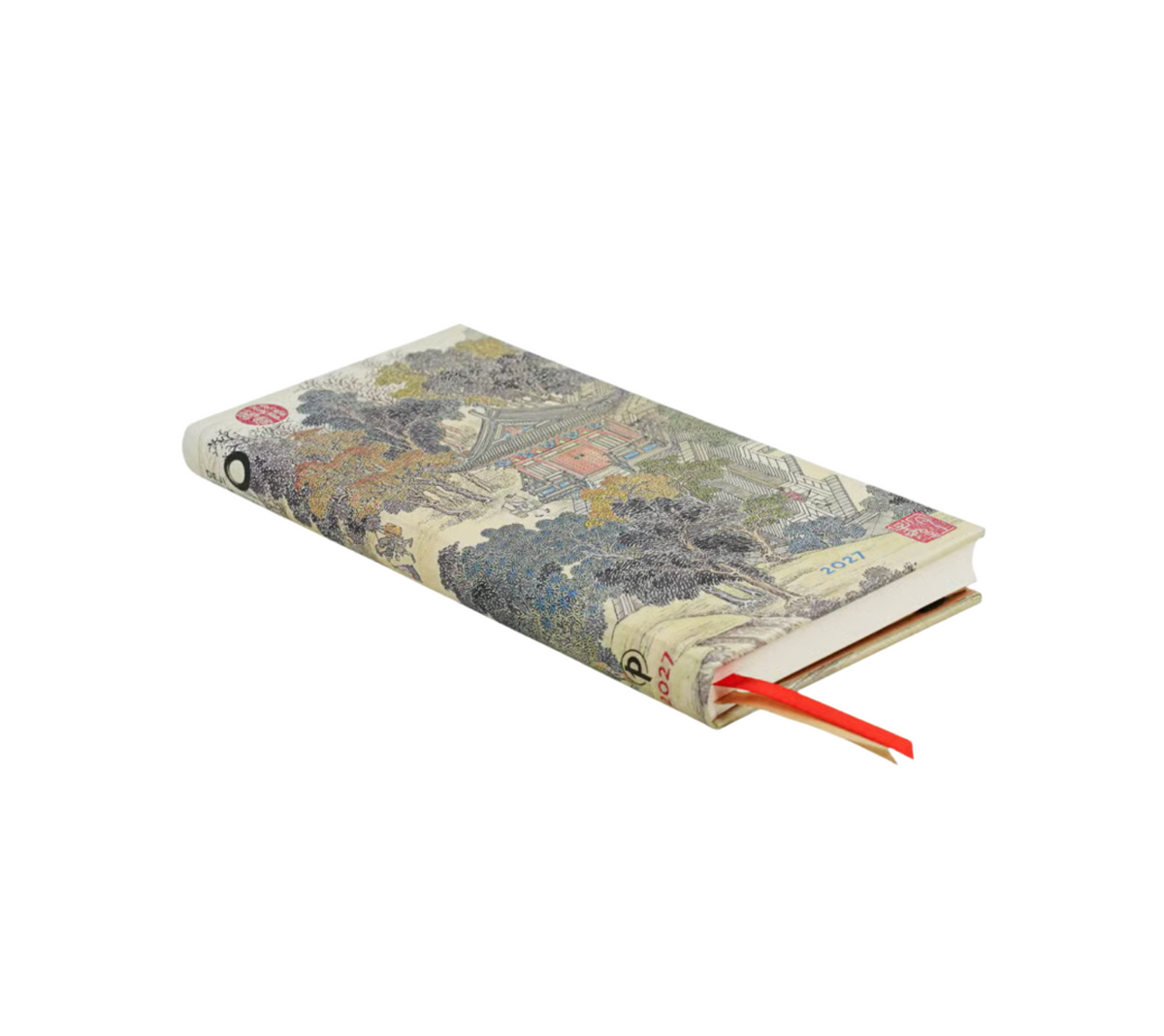 A 2027 planner featuring a detailed Japanese ukiyo-e woodblock print on the cover, shown at an angle with a red ribbon bookmark peeking out against a plain white background.