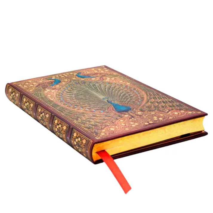 Decorative book with peacock design on a white background