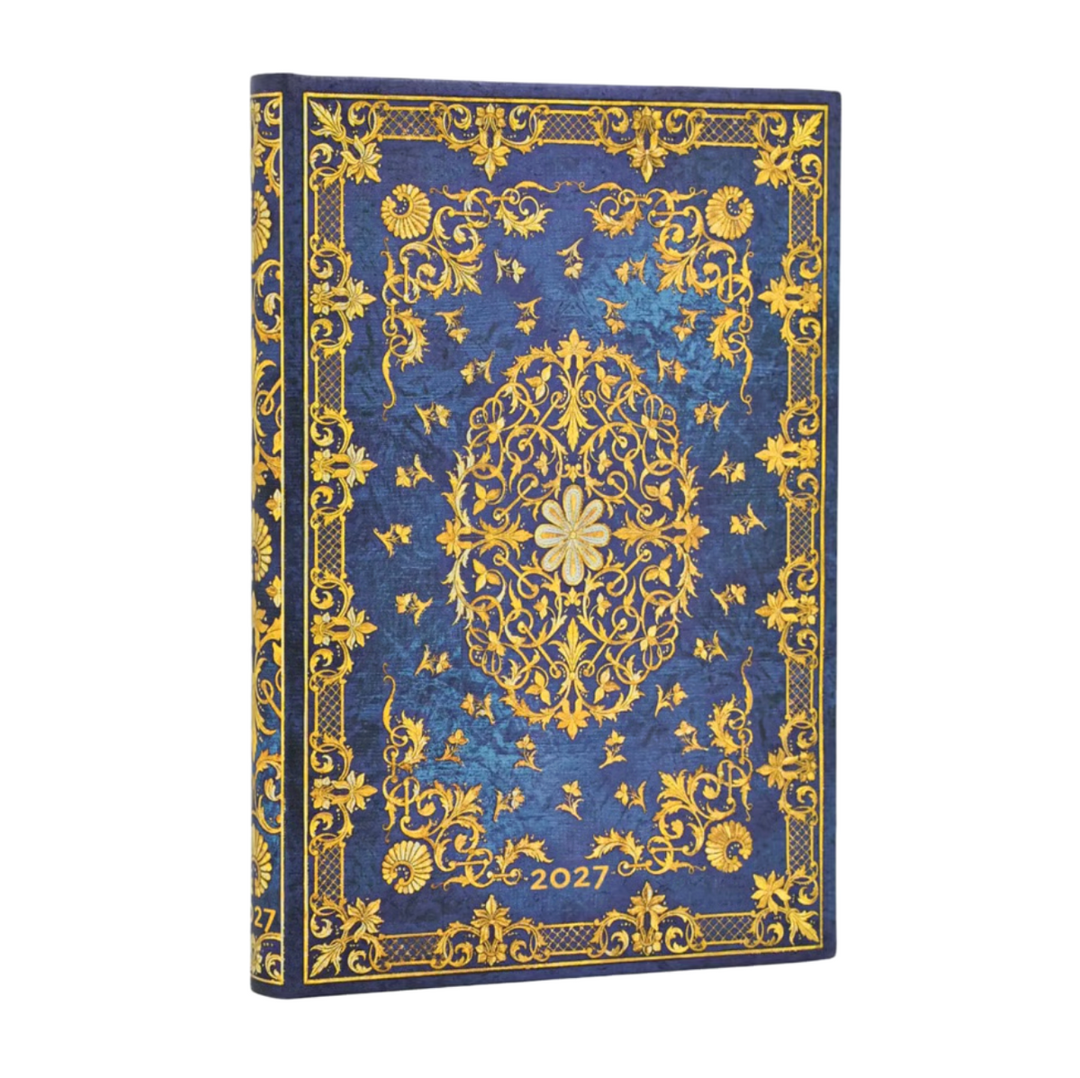 A hardcover 2027 planner featuring an ornate gold baroque-style filigree pattern on a deep blue textured cover, shown on a plain white background.