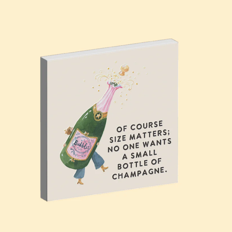 Ceramic magnet with a cartoon champagne bottle and humorous text on a light beige background
