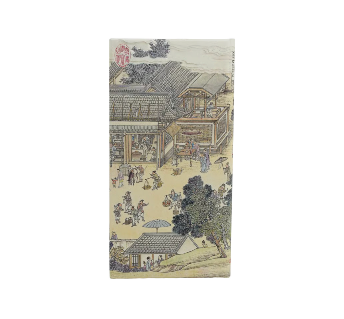 A back view of Age of Prosperity book cover featuring a detailed traditional Japanese-style scene with buildings, people, trees, and small figures, shown against a plain white background.