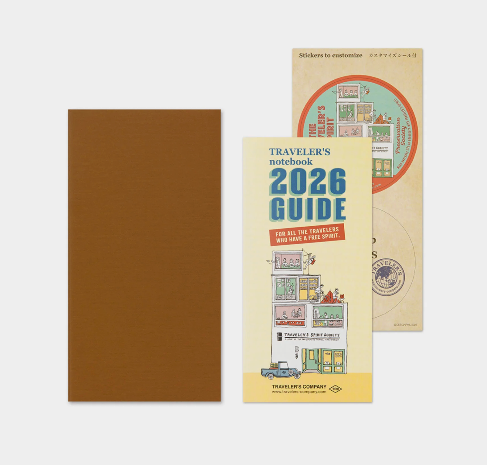Traveler's notebook 2026 Guide with a brown cover and colorful front cover on a white background