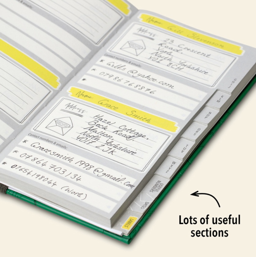 Open address book with labeled sections on a white background