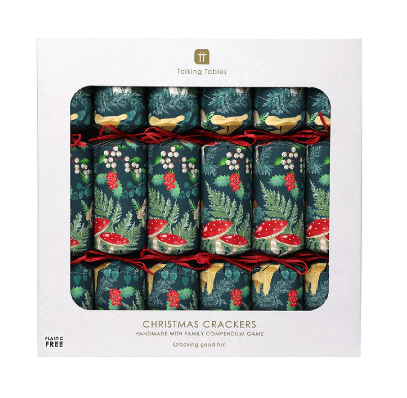 Set of Christmas crackers with festive design in a box, brand 'Talking Tables' visible.