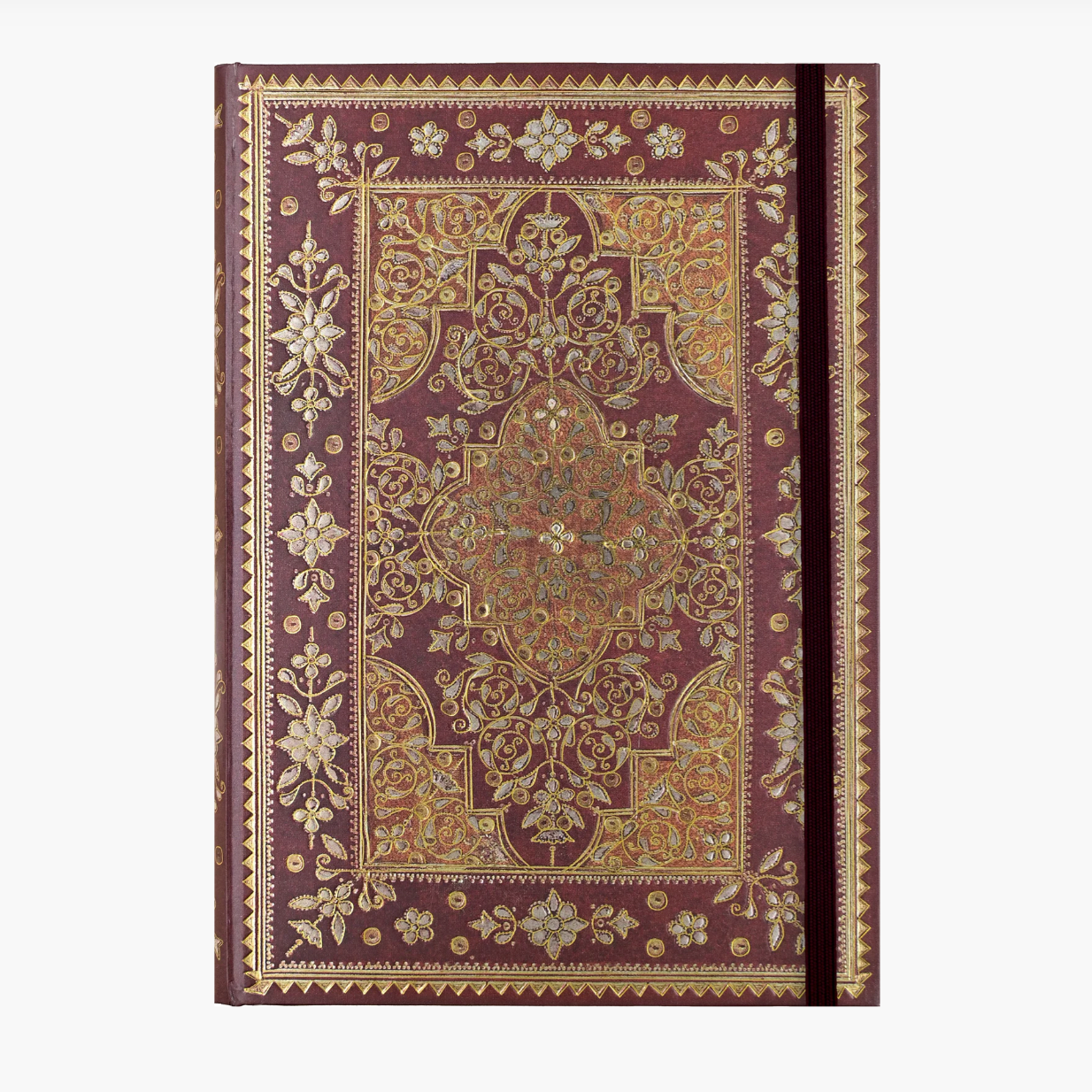 Decorative book with intricate gold patterns on a purple background