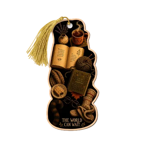 A decorative reading-themed bookmark , featuring a gold tassel and an illustration of vintage books, a mug, yarn, a cup of tea, and cozy knitted items on a dark background, with the text 'THE WORLD CAN WAIT' at the bottom.