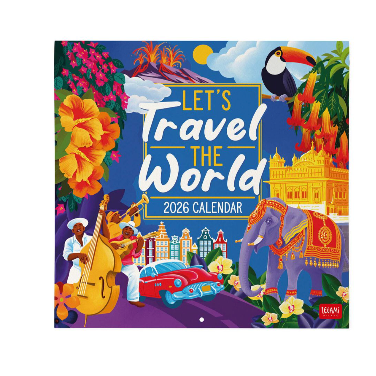 2026 travel-themed calendar with colorful design elements on a white background