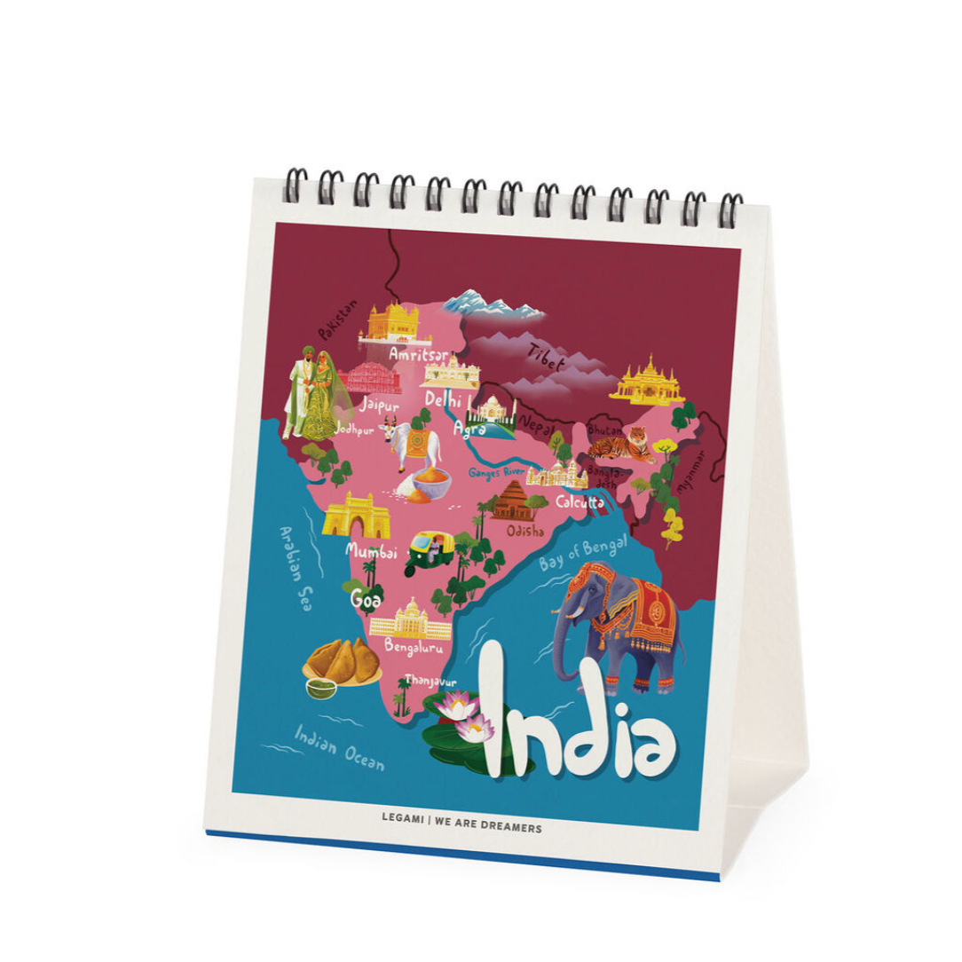 Desk calendar with a colorful map of India on a white background
