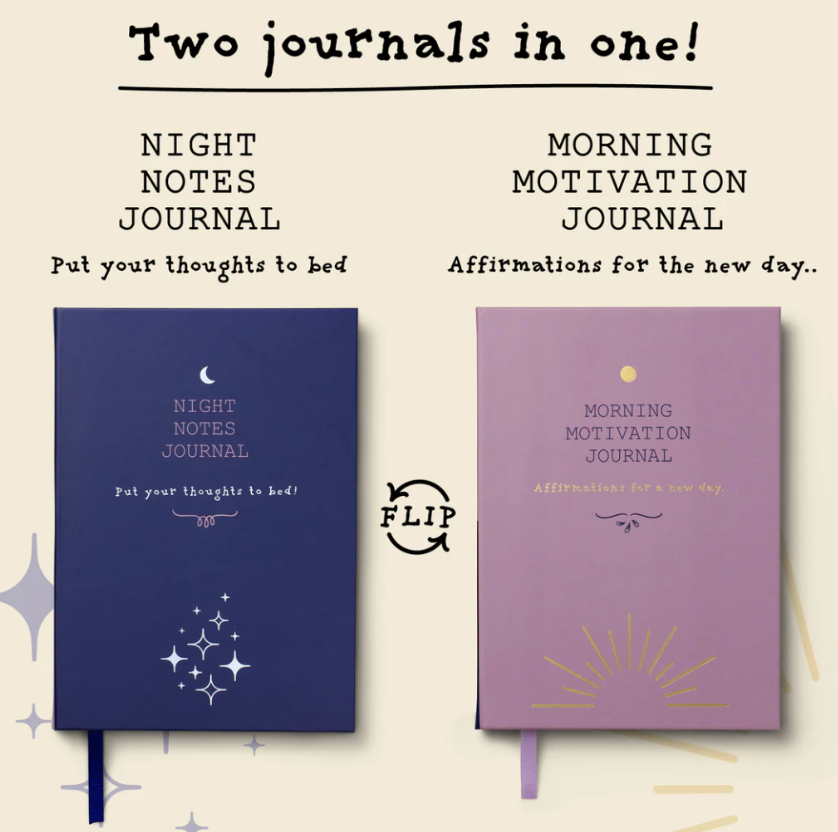 Two journals titled 'Night Notes Journal' and 'Morning Motivation Journal' on a beige background.