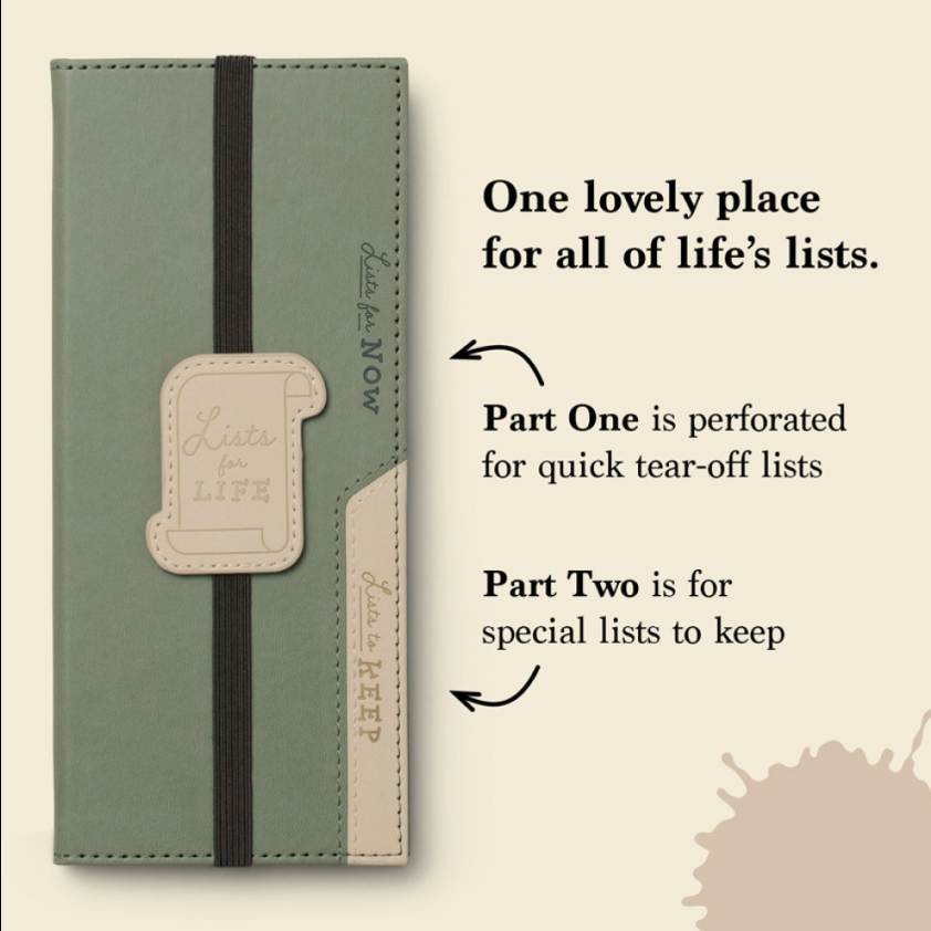 Green notebook with a strap and text on a beige background