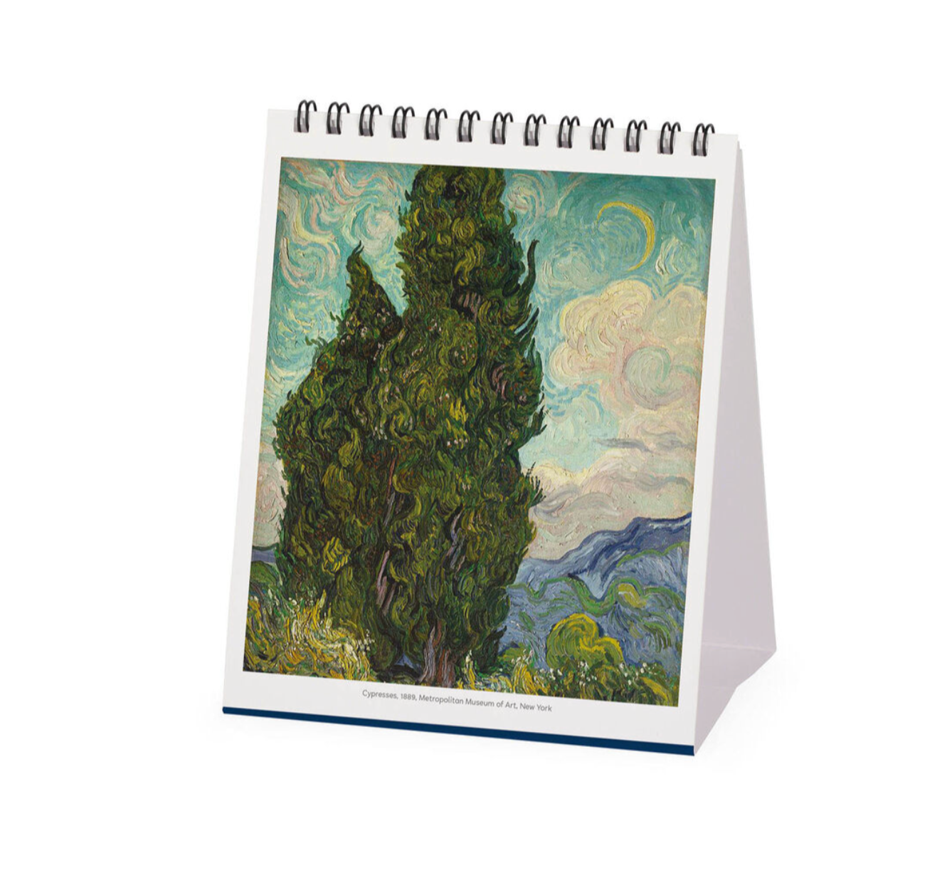 Desk calendar with Van Gogh artwork of cypress trees and sky