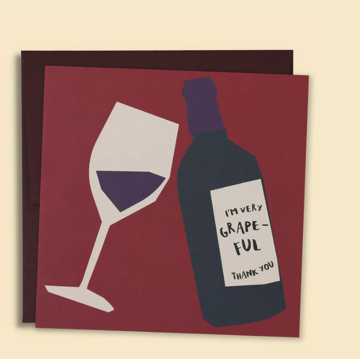 Card with wine bottle and glass illustration and 'I'm very grape-ful thank you' text on a red background