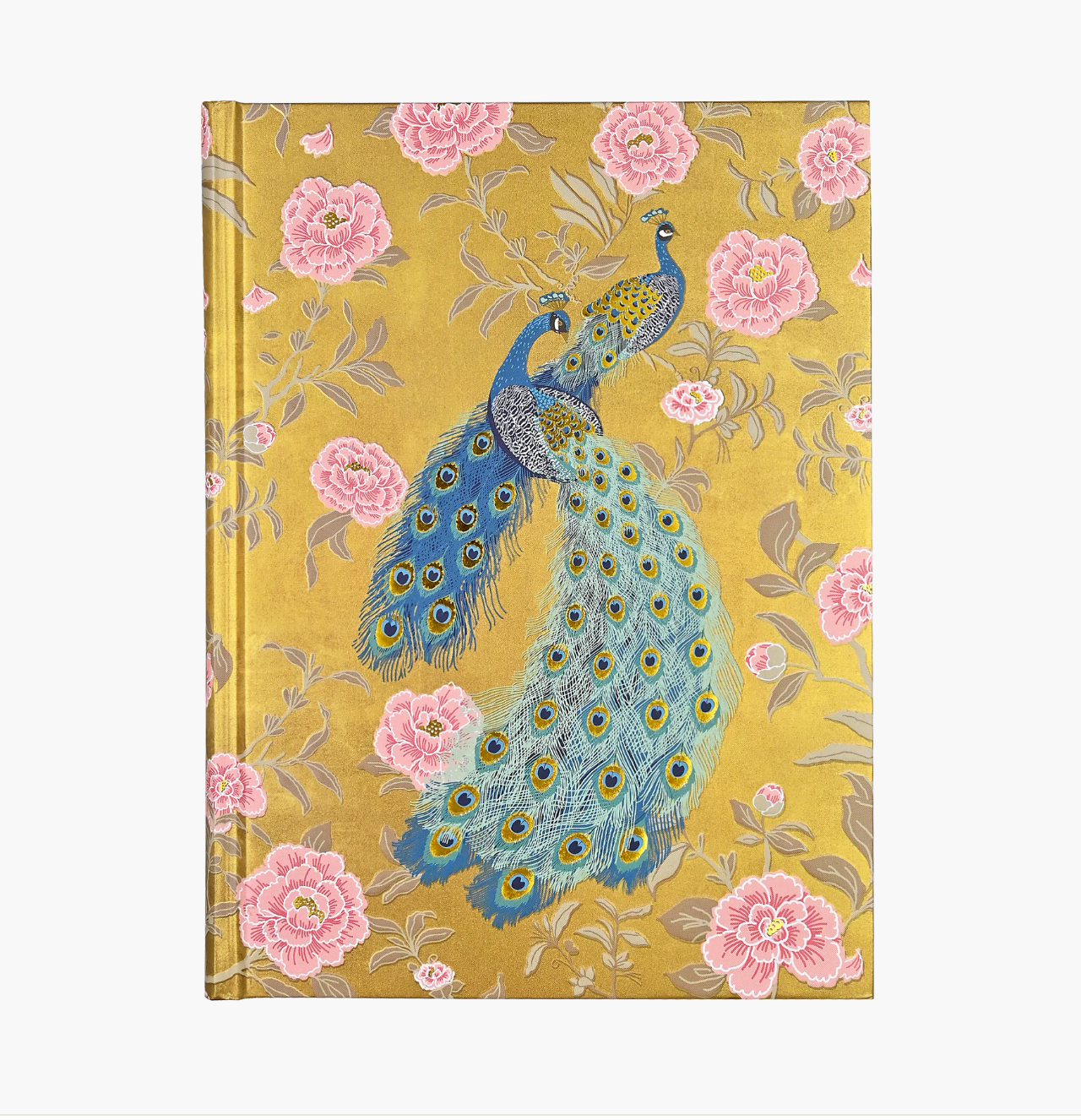 Notebook with peacock and floral design on a yellow background